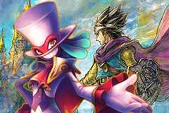 balan wonderworld character standing in front of dragon quest 3 hd 2d remake artwork.