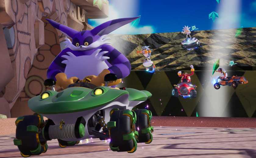 Big the Cat racing ahead of everyone in Sonic Racing: CrossWorlds.