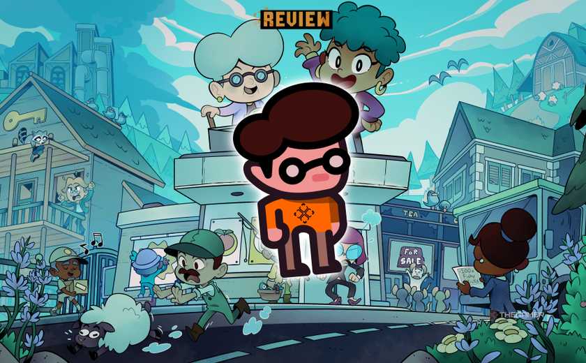 The Discounty Key Art, showing various characters in front of a supermarket. A custom character in an orange shirt is overlayed on top of it all. The word Review floats above.